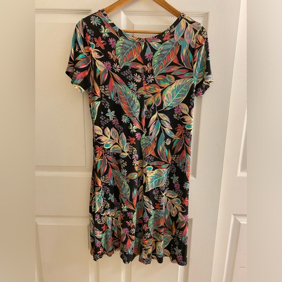 Black with Neon Tropical T Shirt Dress Knee Length Medium - Picture 2 of 7